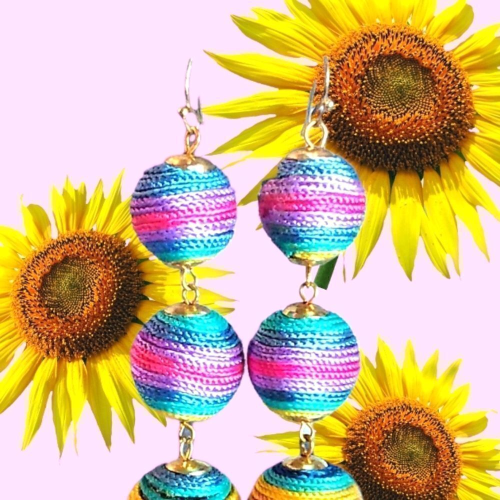 EARRINGS WRAPPED SPHERES Colorful for SUMMER Gold-Tone Wires  Bohemian! 3"